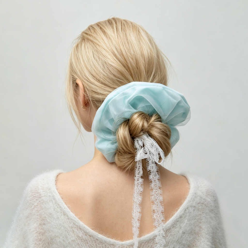 Aurora blue-green hand-dyed tulle lace scrunchie by Tide Tie