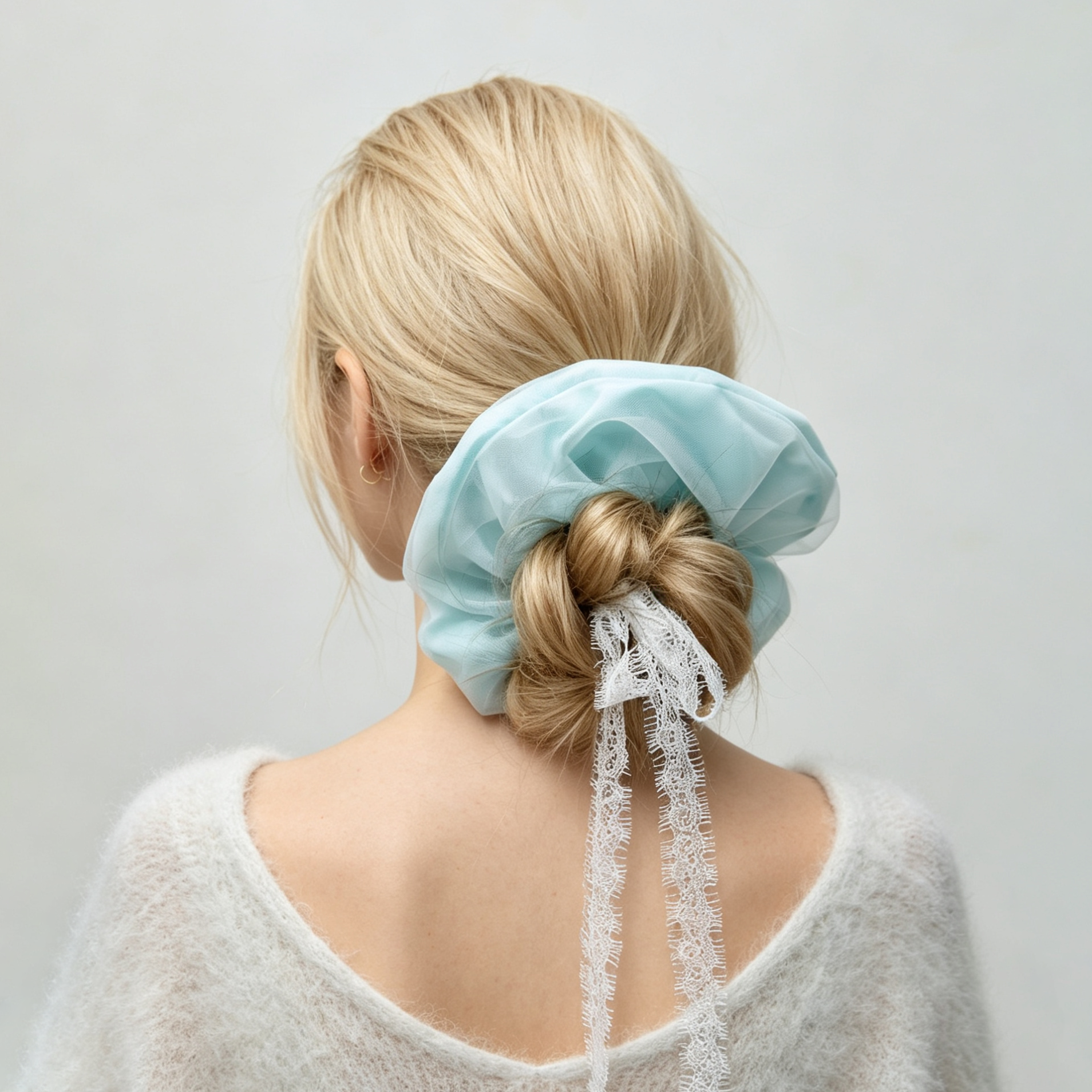 Aurora blue-green hand-dyed tulle lace scrunchie by Tide Tie
