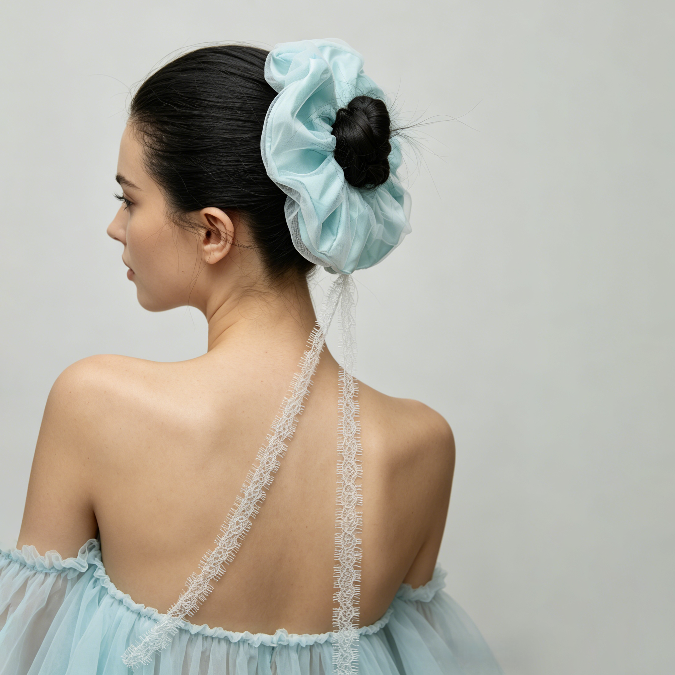Aurora blue-green hand-dyed tulle lace scrunchie by Tide Tie
