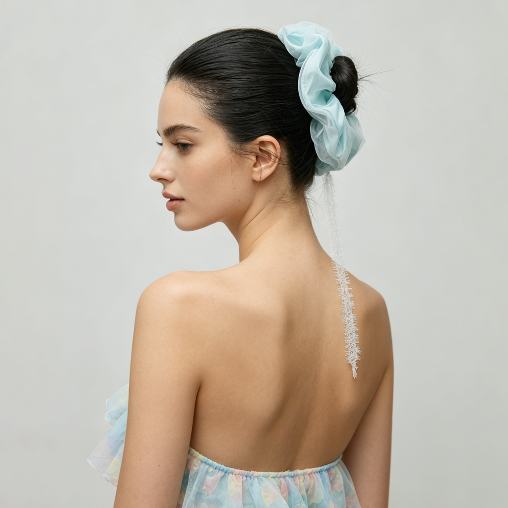 Aurora blue-green hand-dyed tulle lace scrunchie by Tide Tie