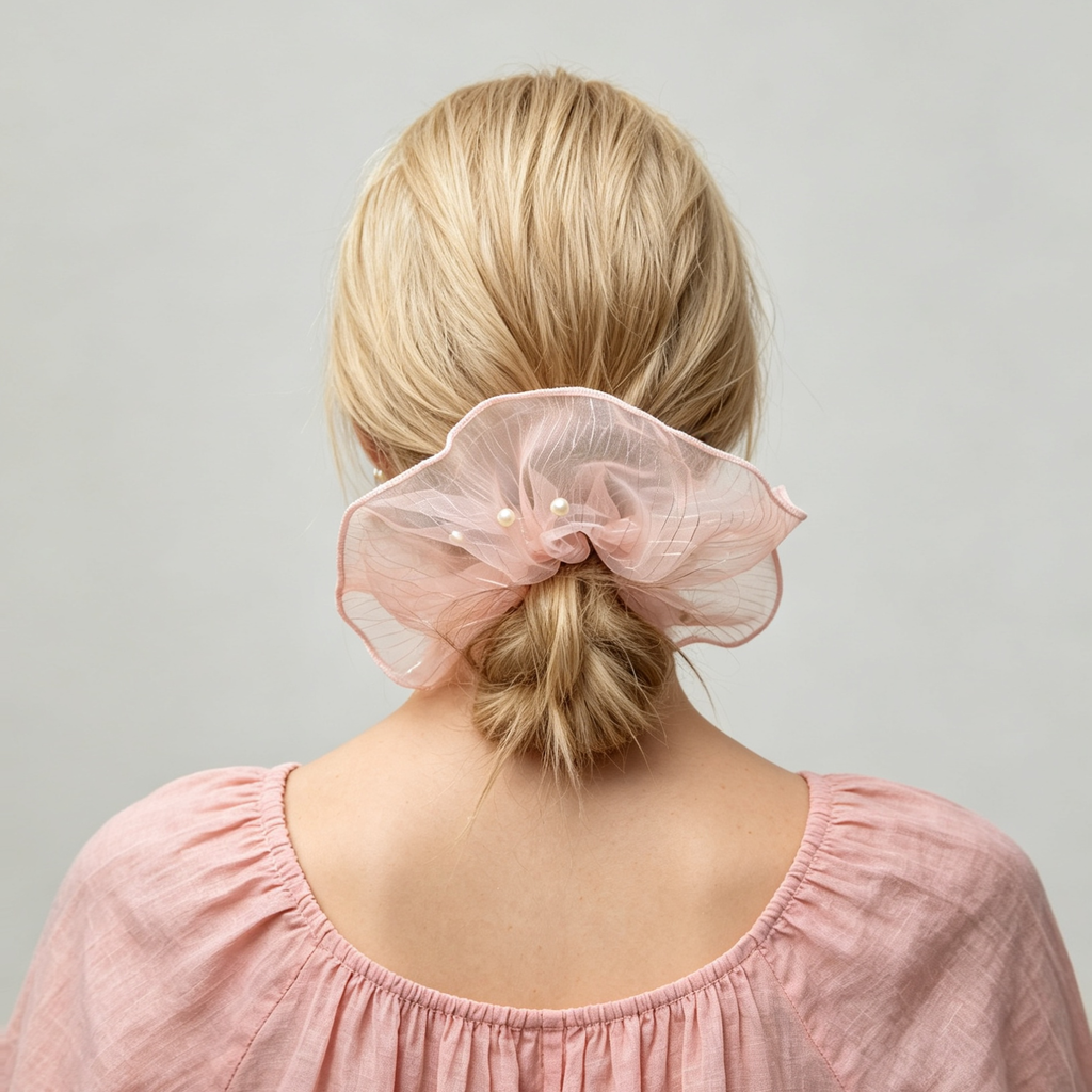 Twilight pink tulle scrunchie with pearls by Tide Tie