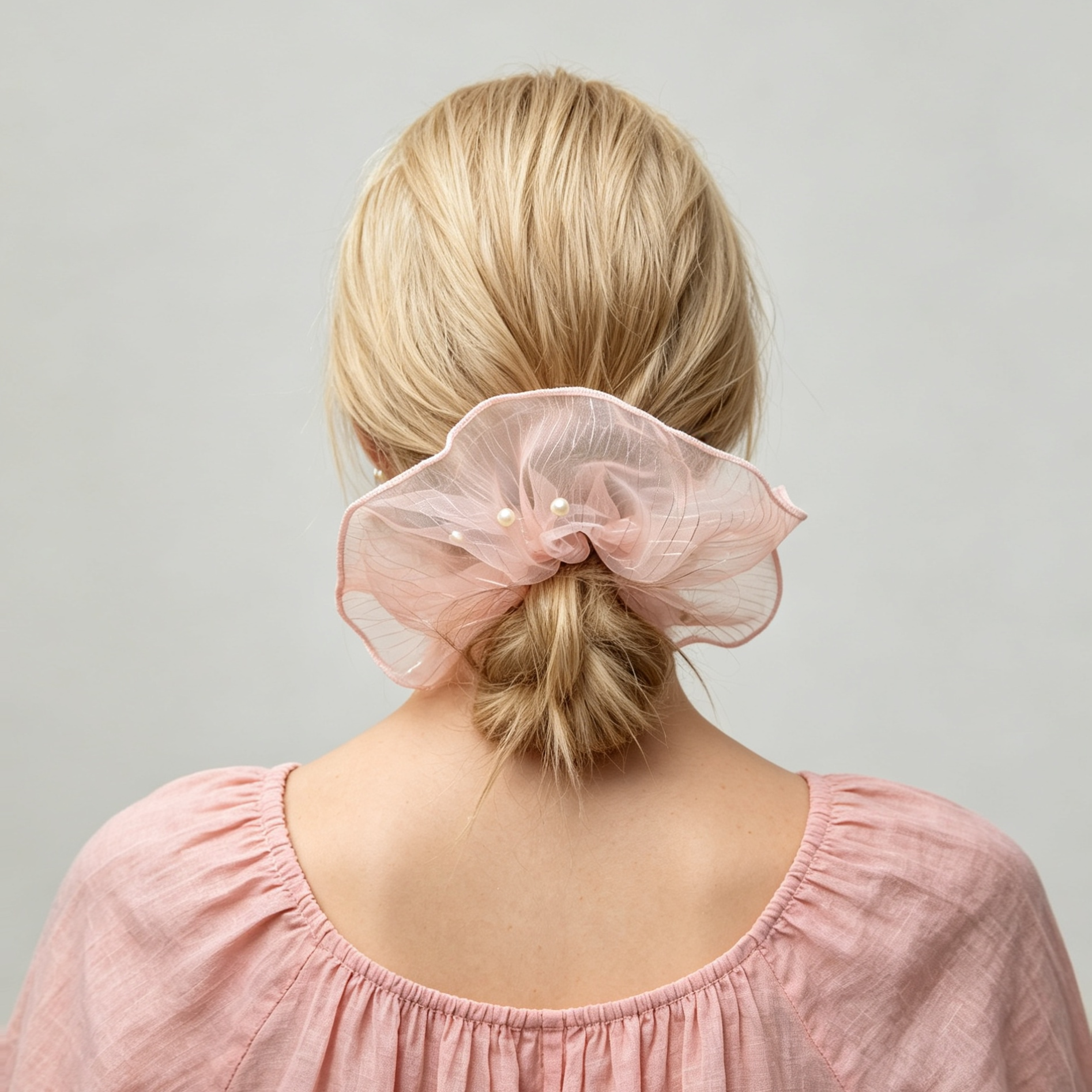 Twilight pink tulle scrunchie with pearls by Tide Tie