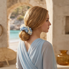 Sea-blue and white pleated hydrangea scrunchie by Tide Tie