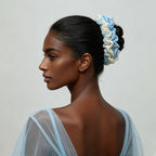 Sea-blue and white pleated hydrangea scrunchie by Tide Tie