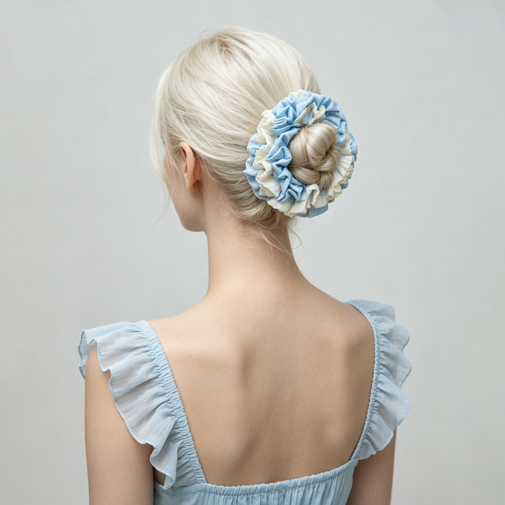 Sea-blue and white pleated hydrangea scrunchie by Tide Tie