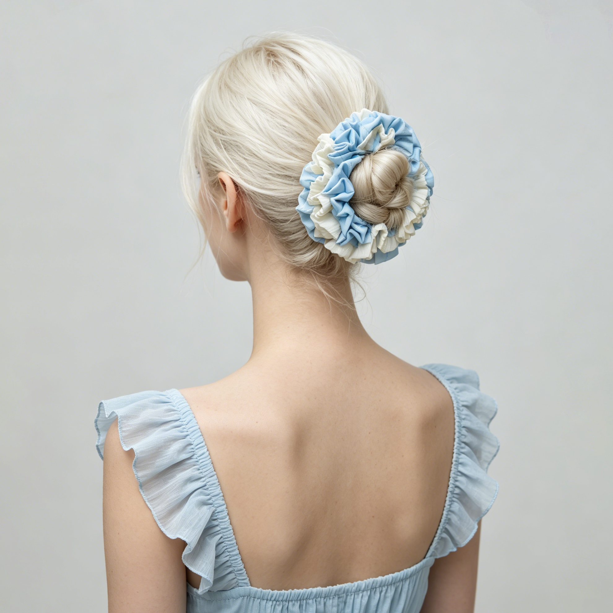 Sea-blue and white pleated hydrangea scrunchie by Tide Tie