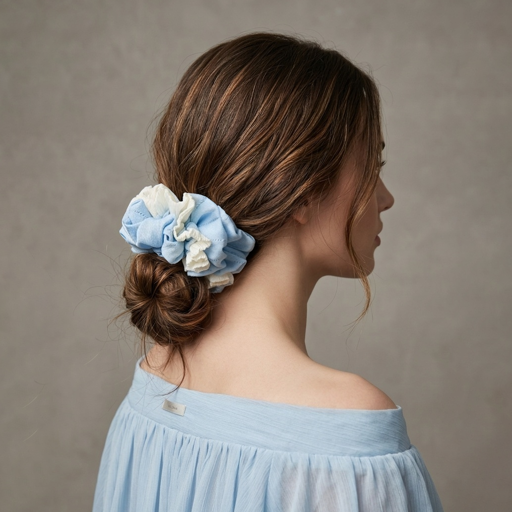 Sea-blue and white pleated hydrangea scrunchie by Tide Tie
