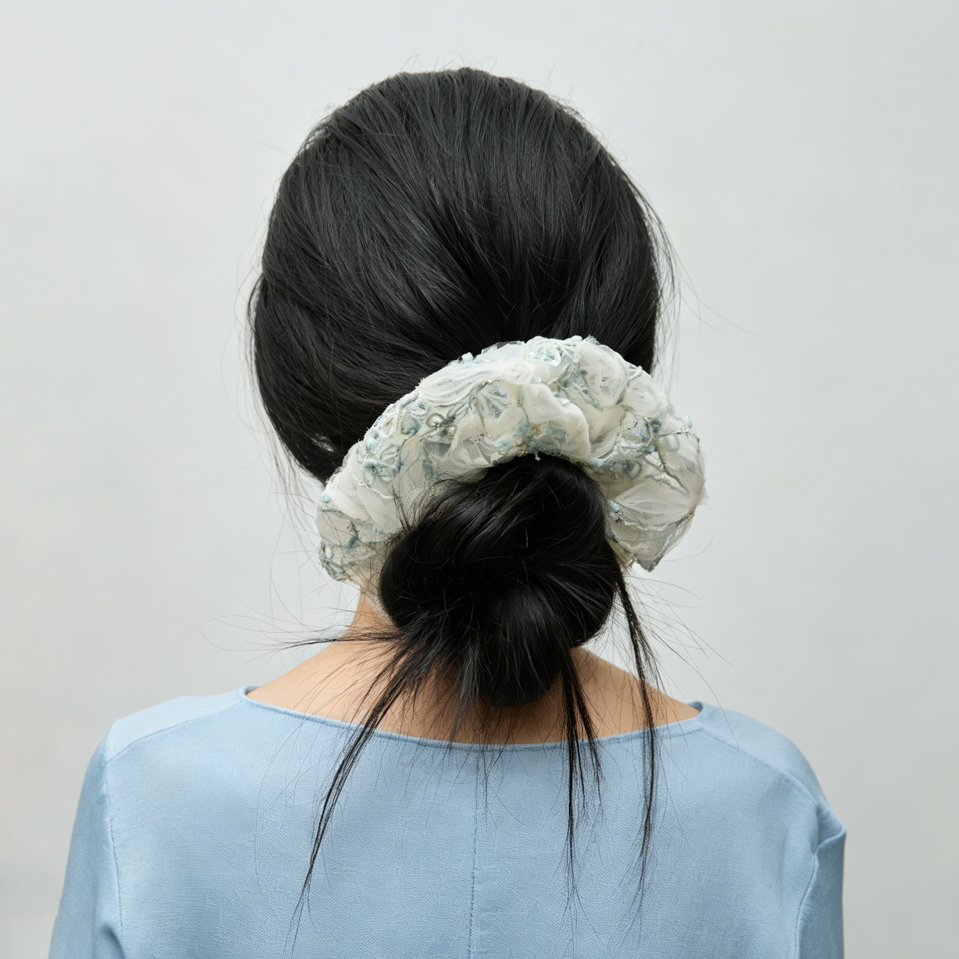 Mint seafoam tulle scrunchie with floral sequin embroidery by Tide Tie