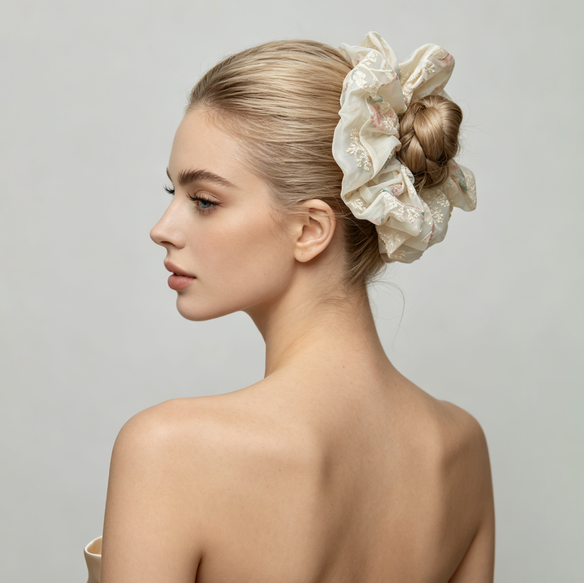 Sea-mist organza scrunchie with vintage floral embroidery by Tide Tie