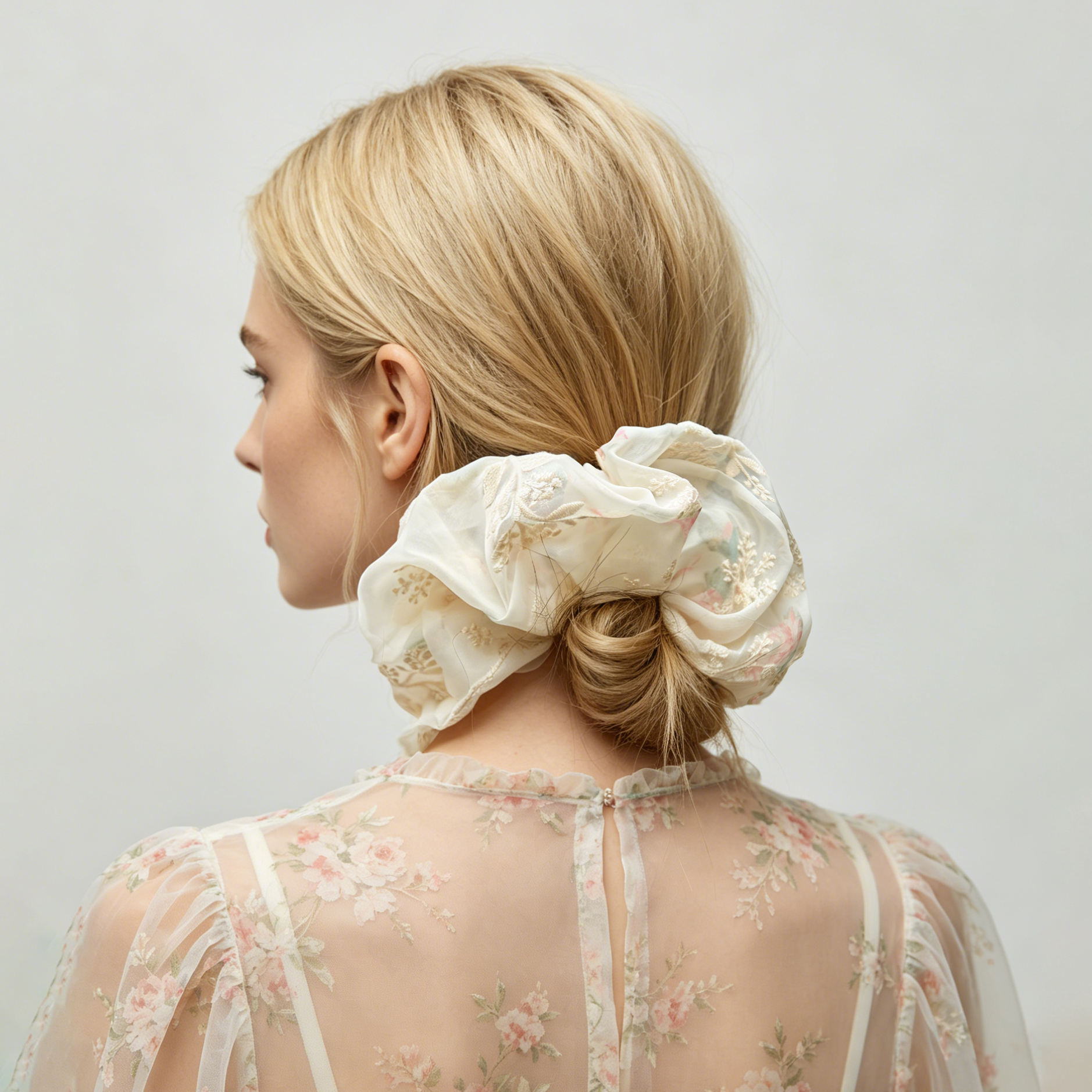 Sea-mist organza scrunchie with vintage floral embroidery by Tide Tie