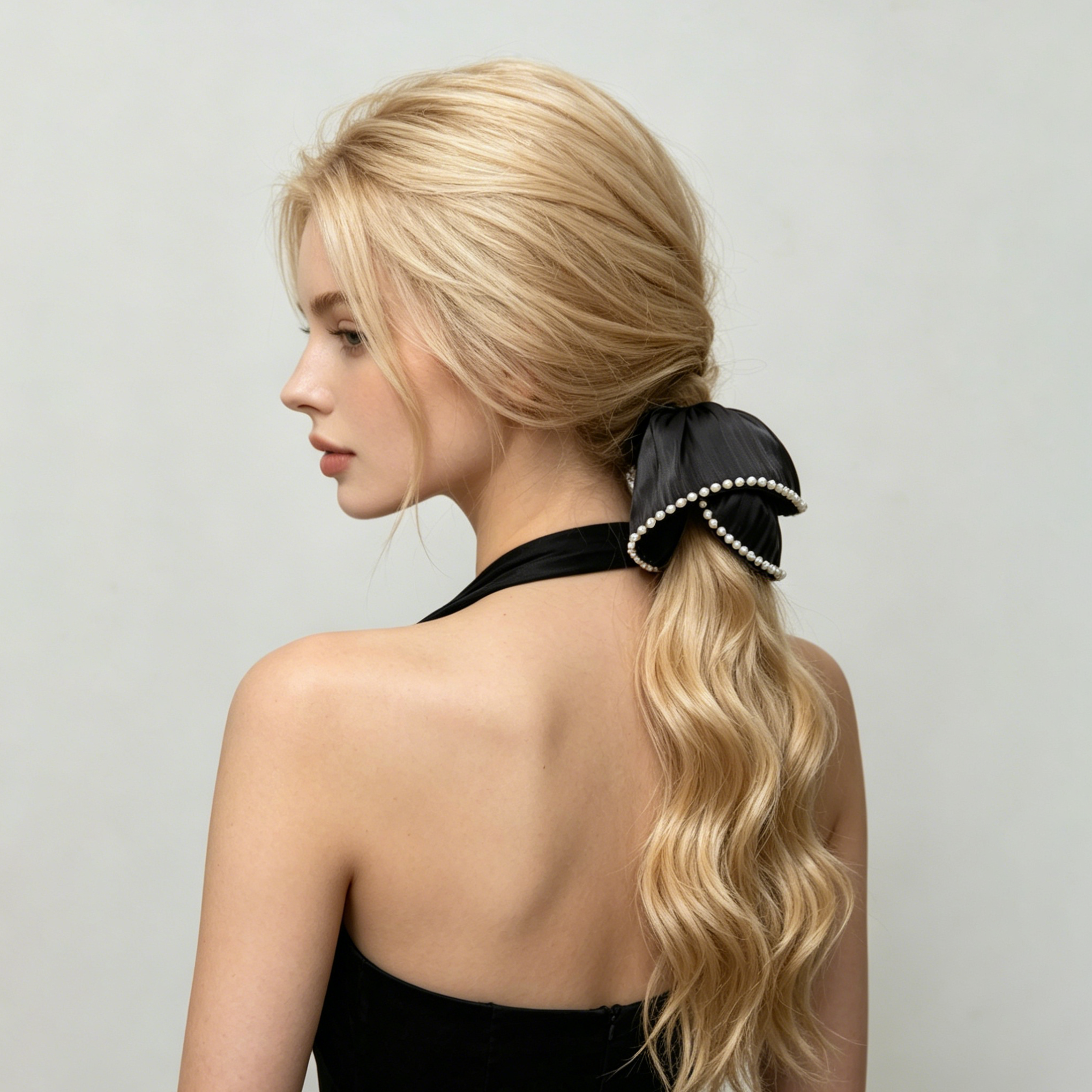 Pearlized black pleated scrunchie with pearl trim by Tide Tie