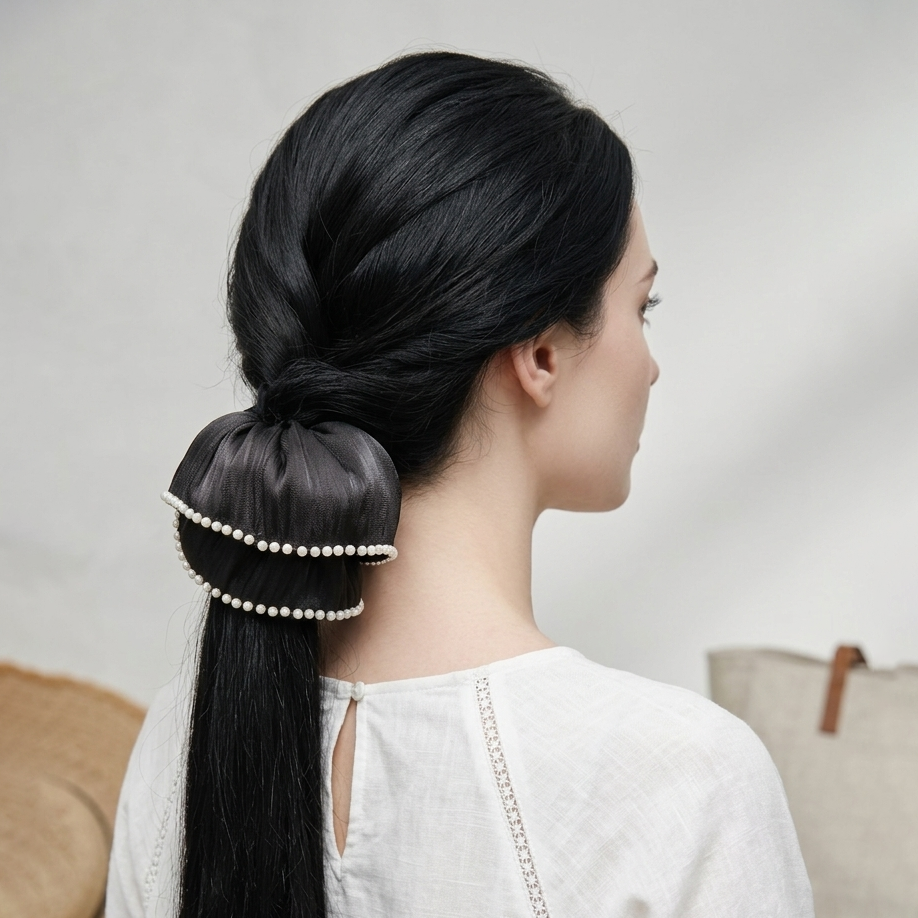 Pearlized black pleated scrunchie with pearl trim by Tide Tie