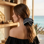 Pearlized black pleated scrunchie with pearl trim by Tide Tie