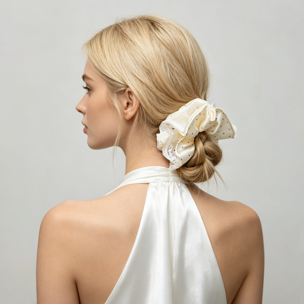 Pearlized satin polka dot scrunchie with lace trim by Tide Tie