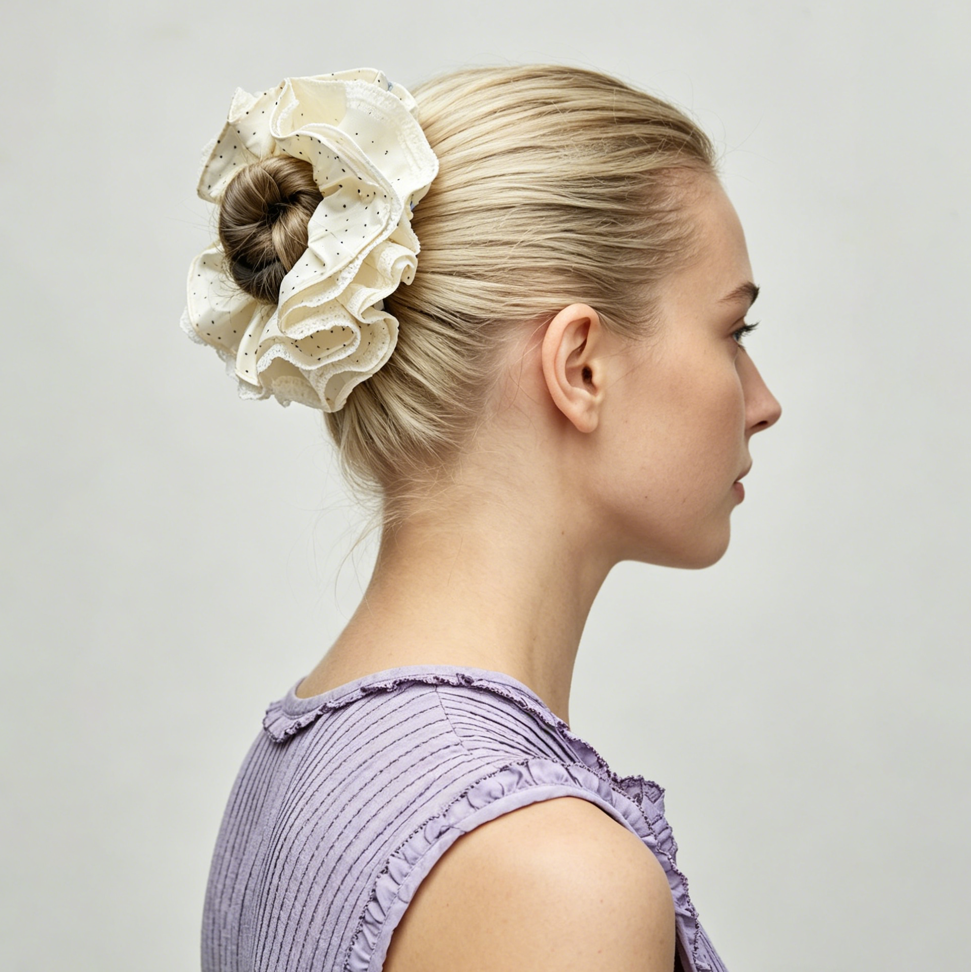 Pearlized satin polka dot scrunchie with lace trim by Tide Tie