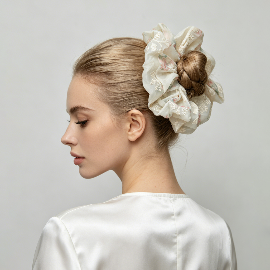 Sea-mist organza scrunchie with vintage floral embroidery by Tide Tie