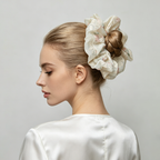 Sea-mist organza scrunchie with vintage floral embroidery by Tide Tie
