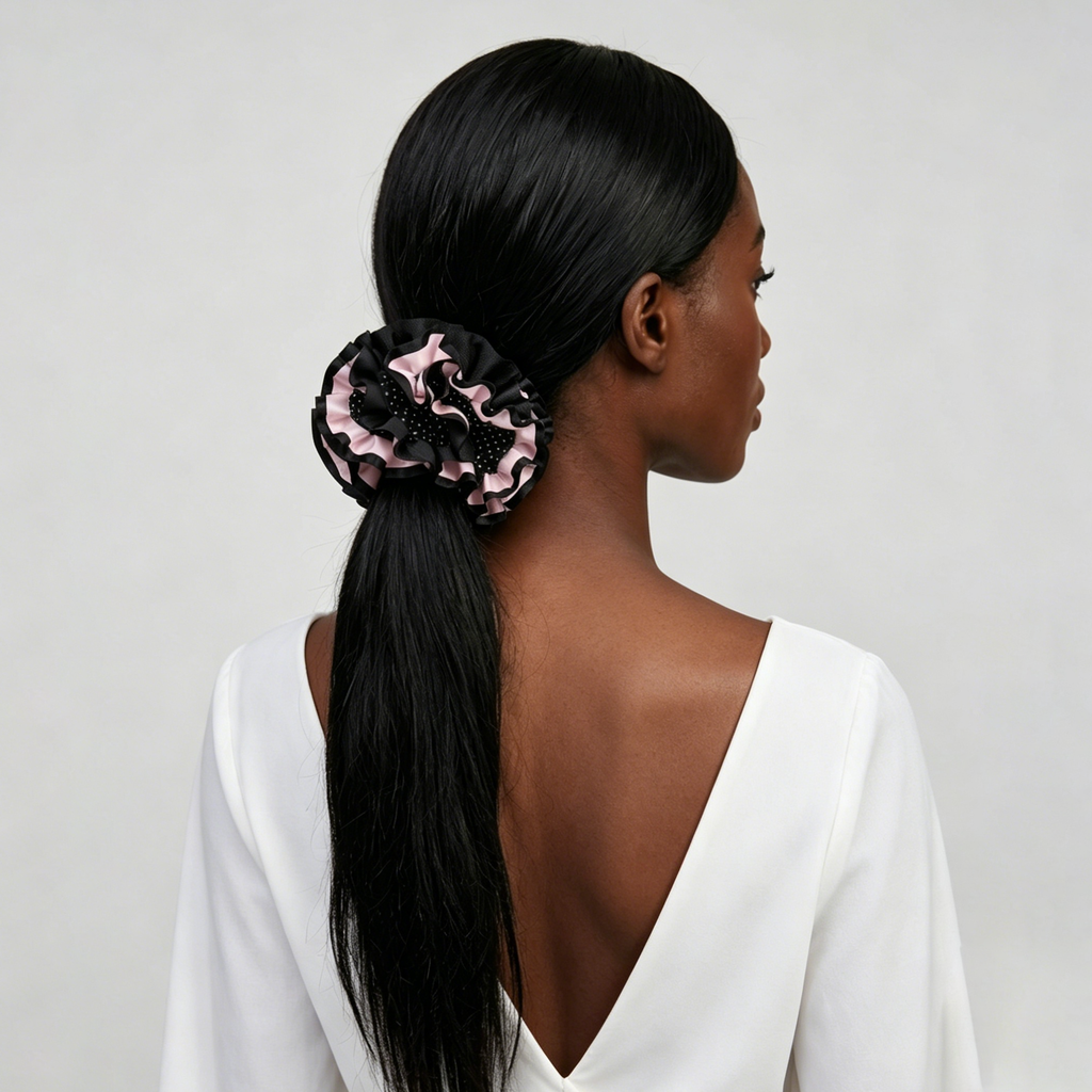 Blackberry pink polka dot pleated scrunchie hair tie by Tide Tie