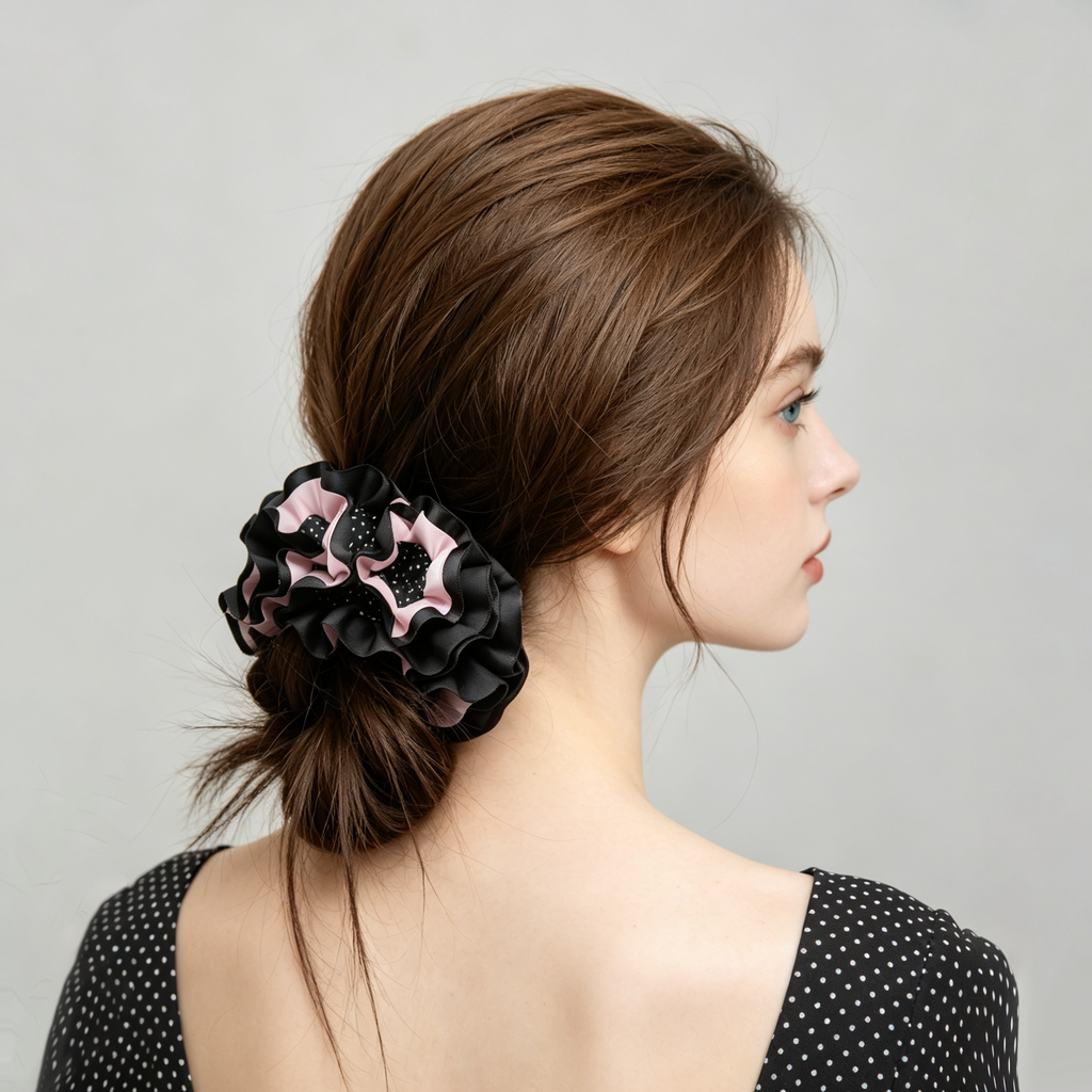 Blackberry pink polka dot pleated scrunchie hair tie by Tide Tie