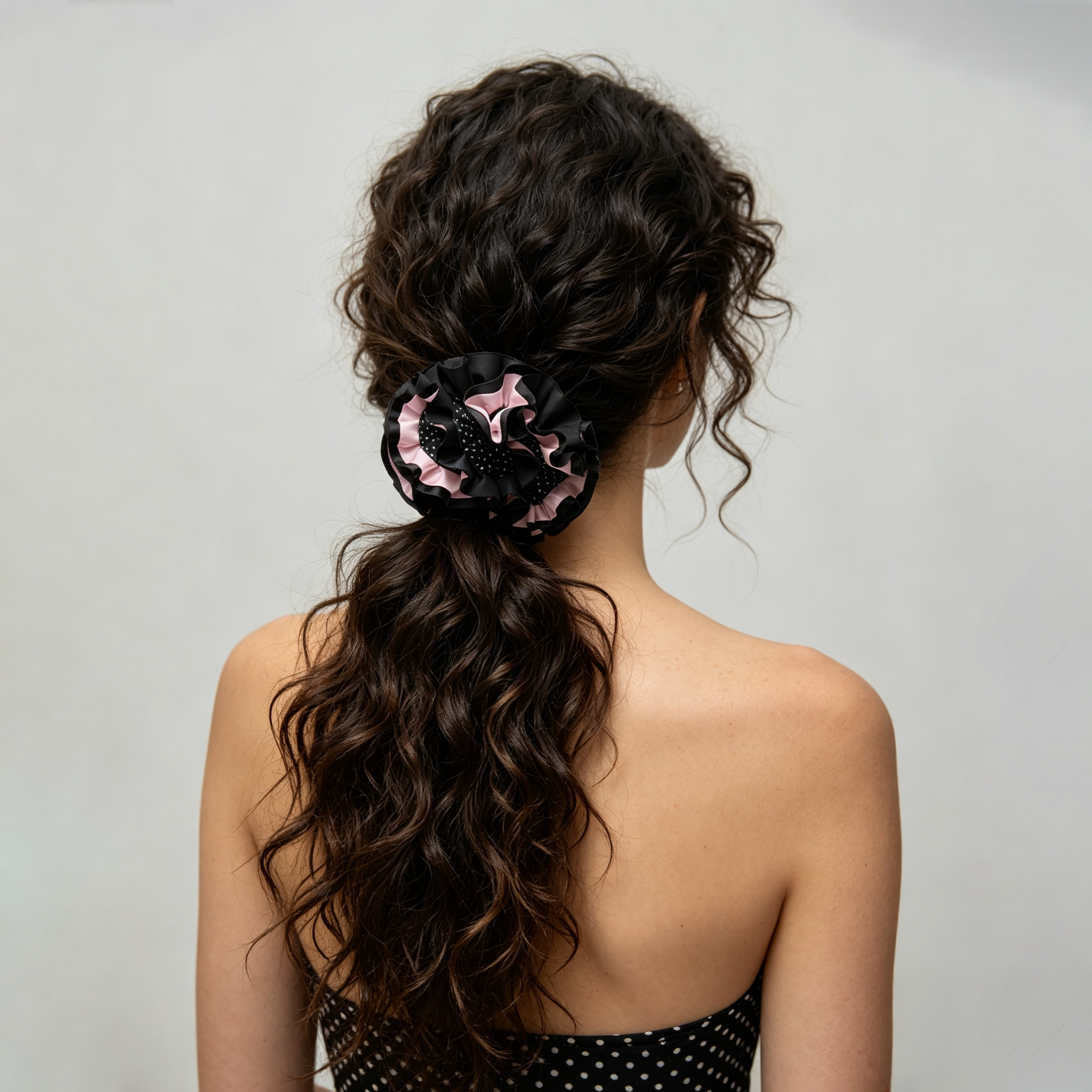 Blackberry pink polka dot pleated scrunchie hair tie by Tide Tie