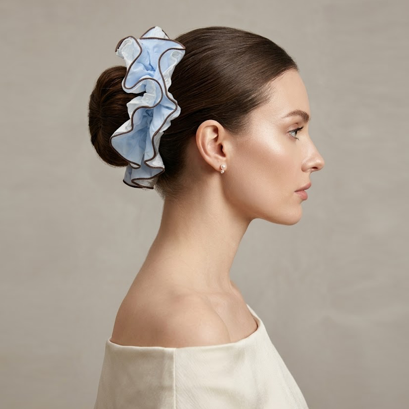Blue and white reversible floral lace scrunchie by Tide Tie