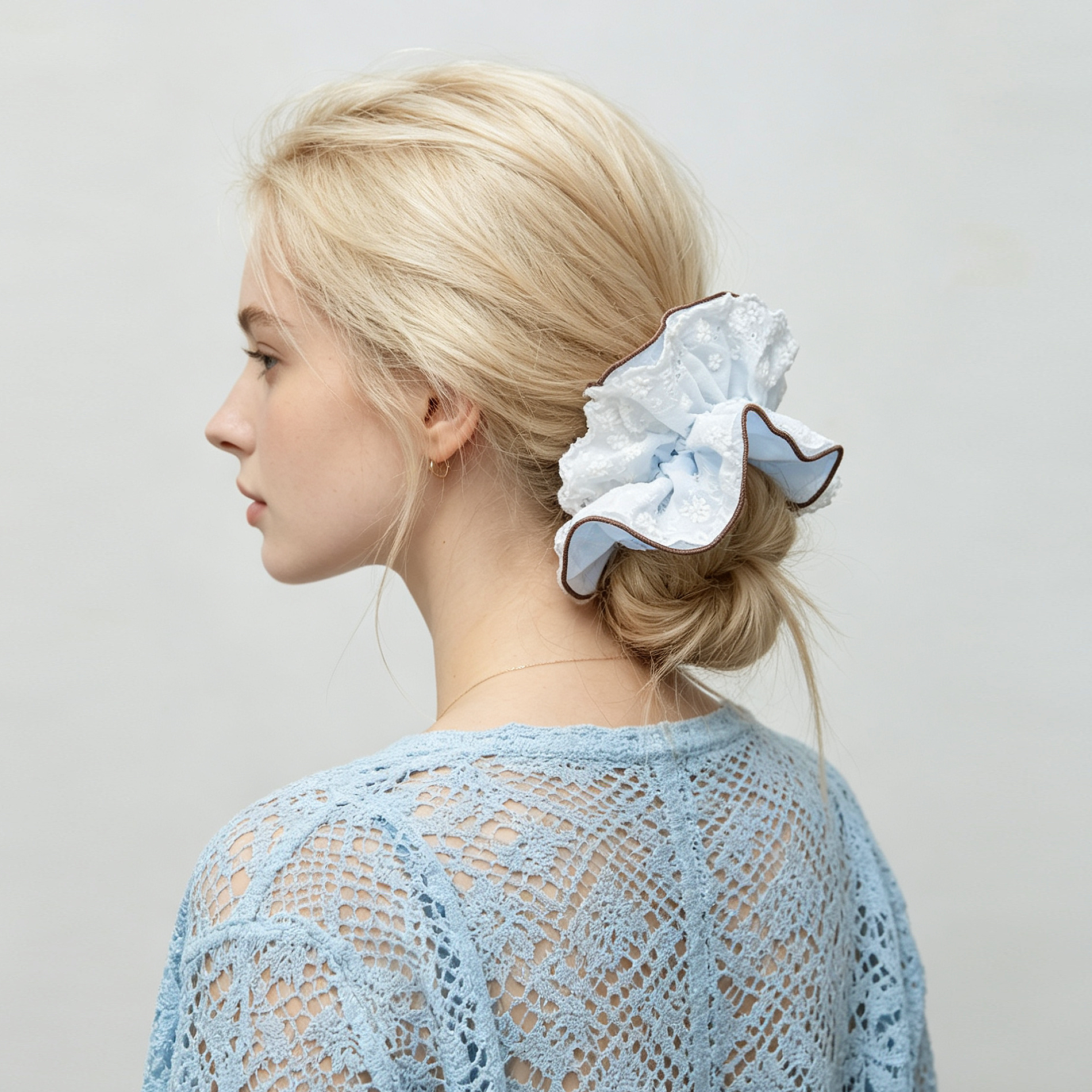 Blue and white reversible floral lace scrunchie by Tide Tie