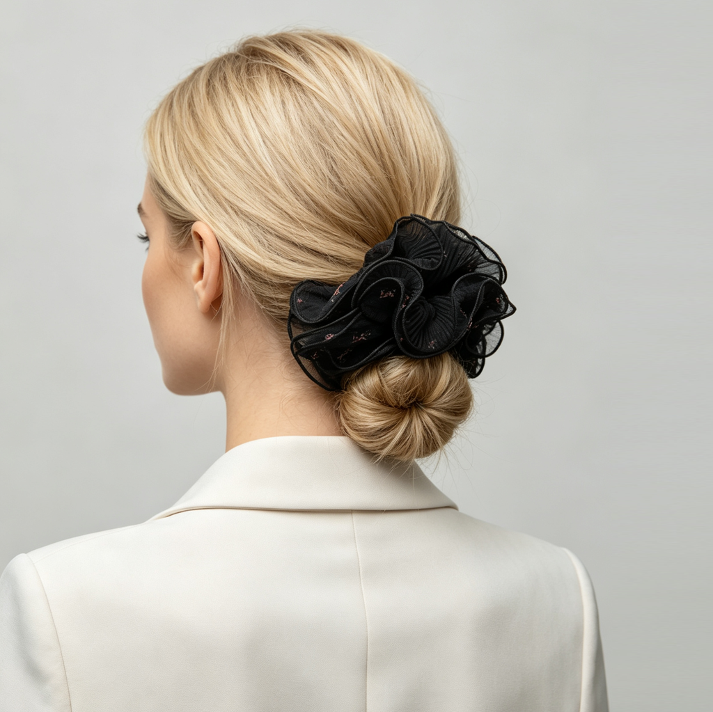 Vintage ditsy floral ruffle scrunchie in midnight black by Tide Tie
