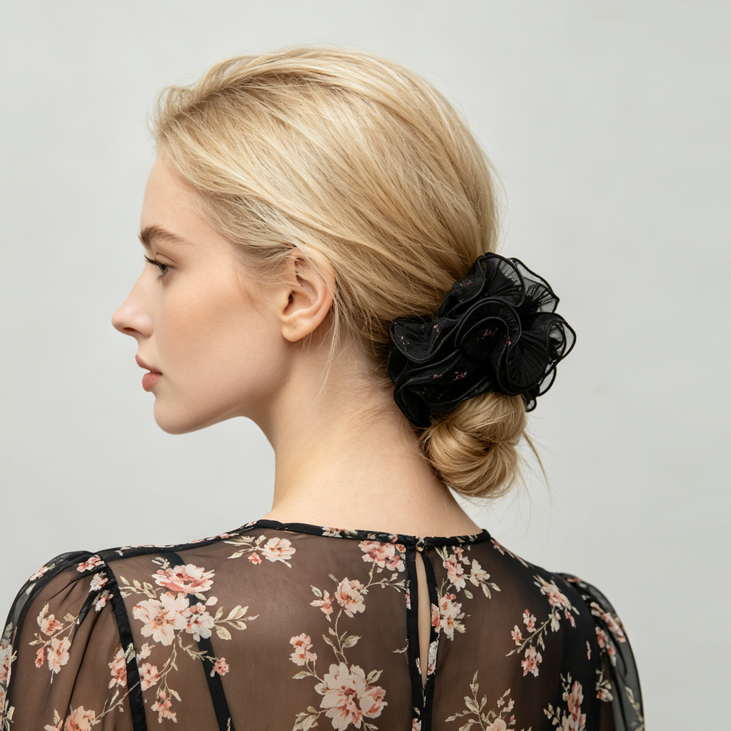 Vintage ditsy floral ruffle scrunchie in midnight black by Tide Tie