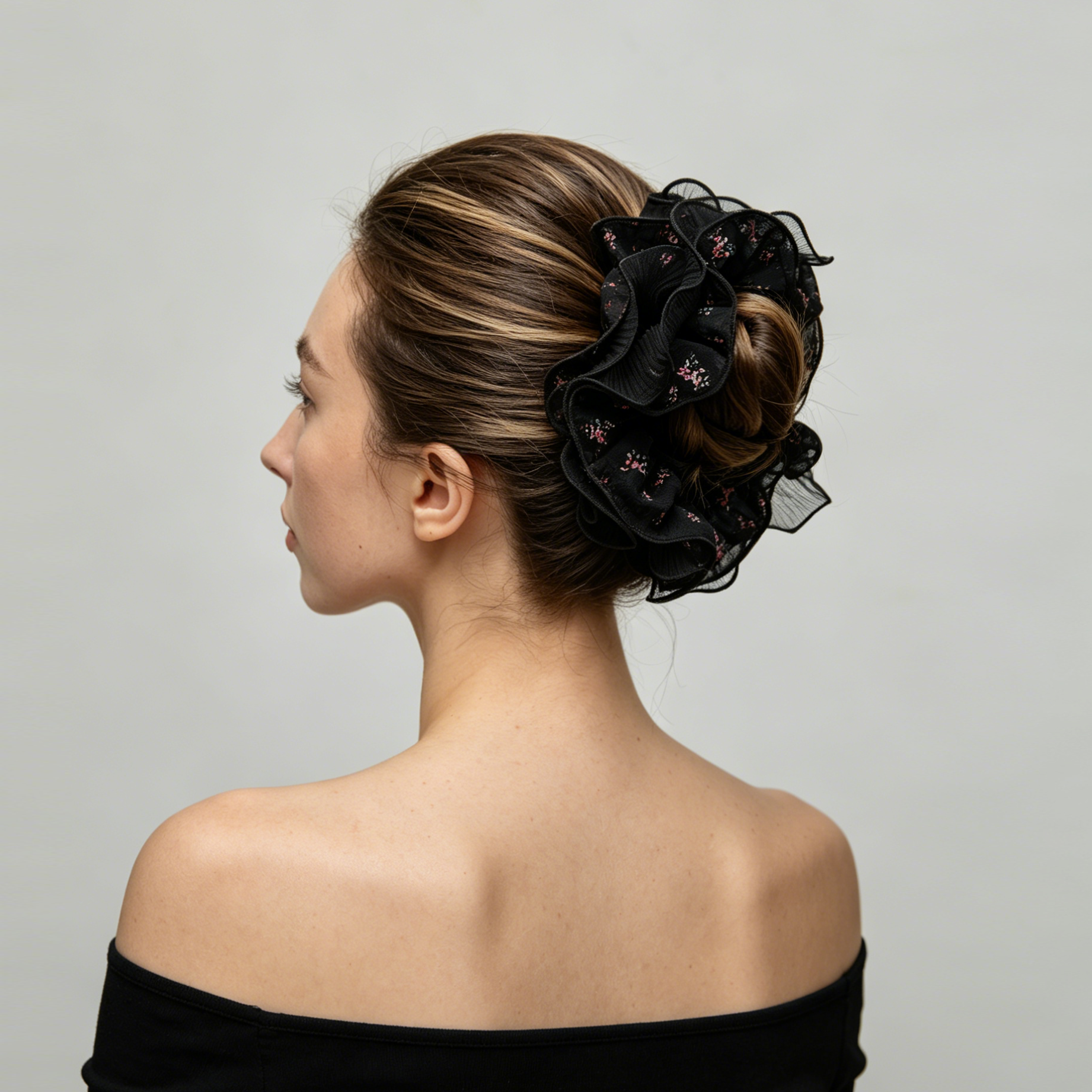 Vintage ditsy floral ruffle scrunchie in midnight black by Tide Tie