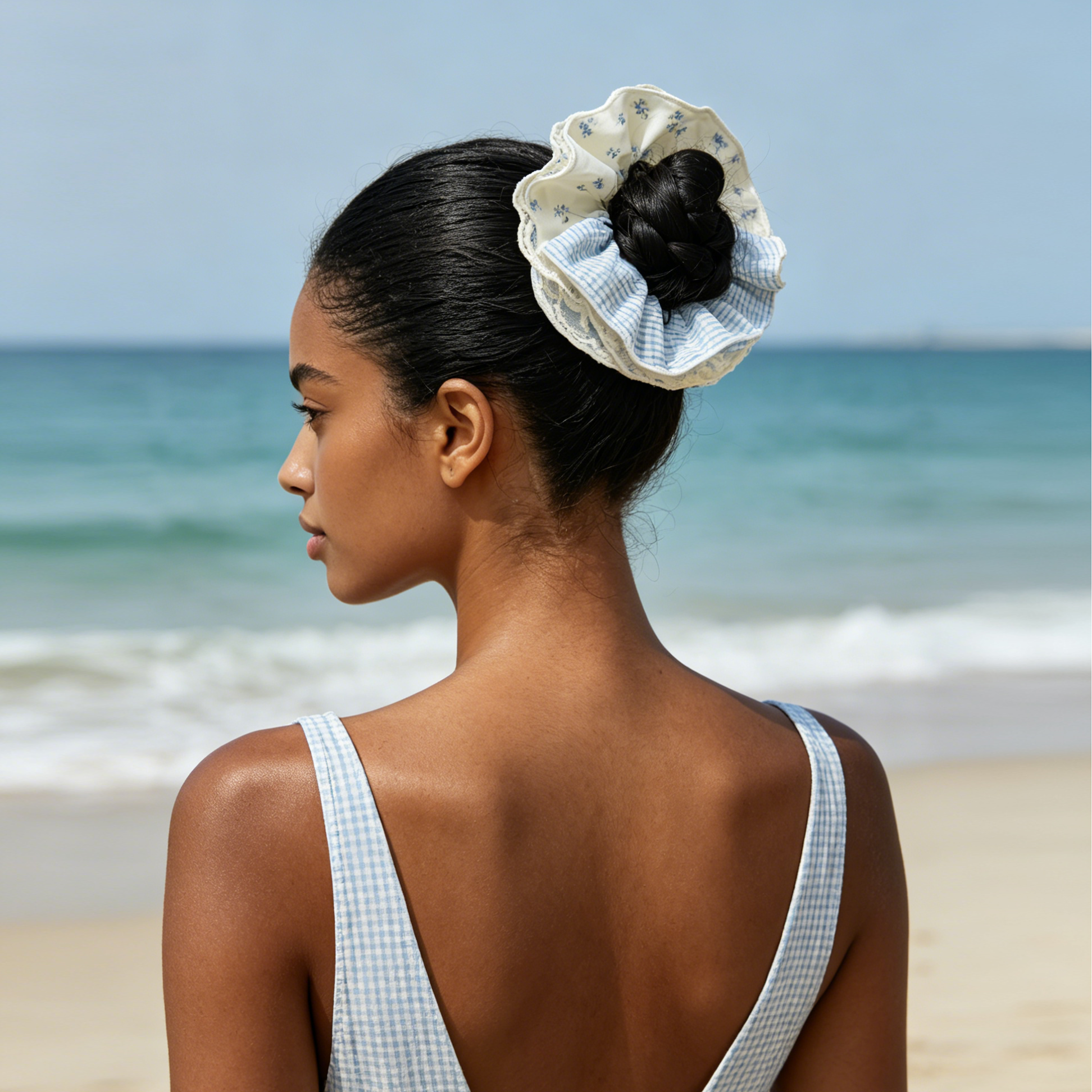 Azure blue gingham and floral tiered lace scrunchie by Tide Tie