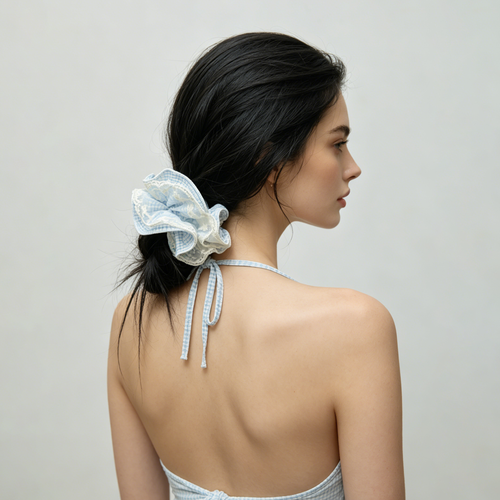 Azure blue gingham and floral tiered lace scrunchie by Tide Tie