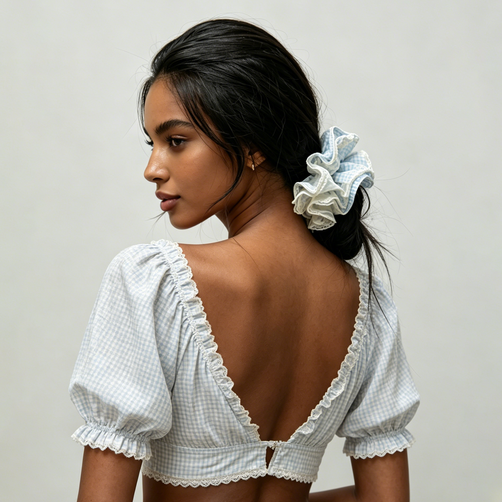Azure blue gingham and floral tiered lace scrunchie by Tide Tie