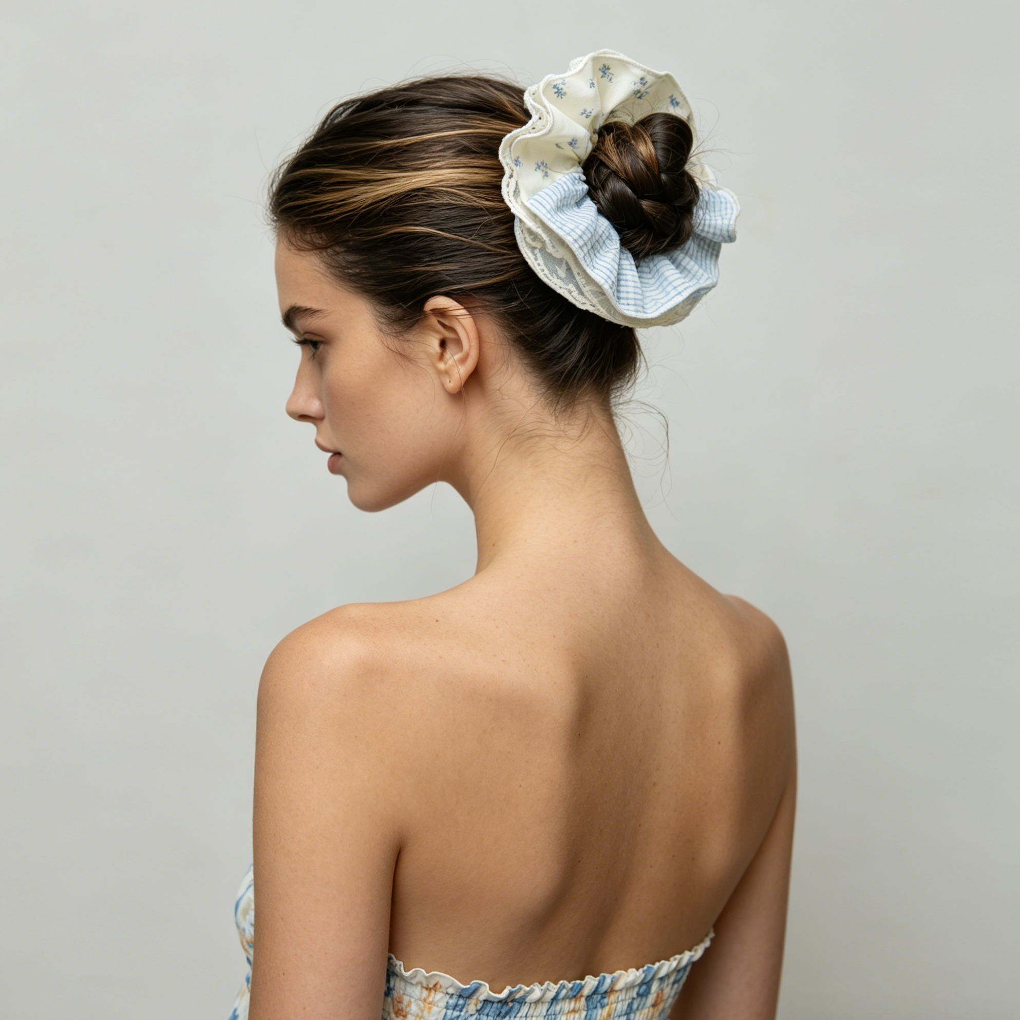 Azure blue gingham and floral tiered lace scrunchie by Tide Tie
