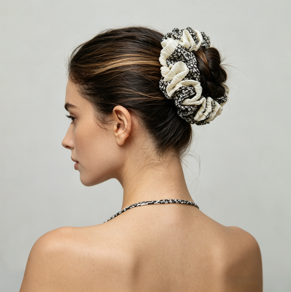 Nostalgic ditsy floral shimmering pleated scrunchie by Tide Tie