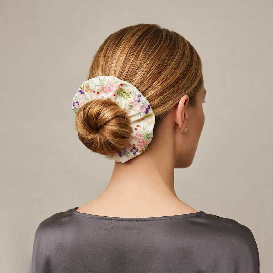 Ivory satin scrunchie with 3D floral embroidery by Tide Tie