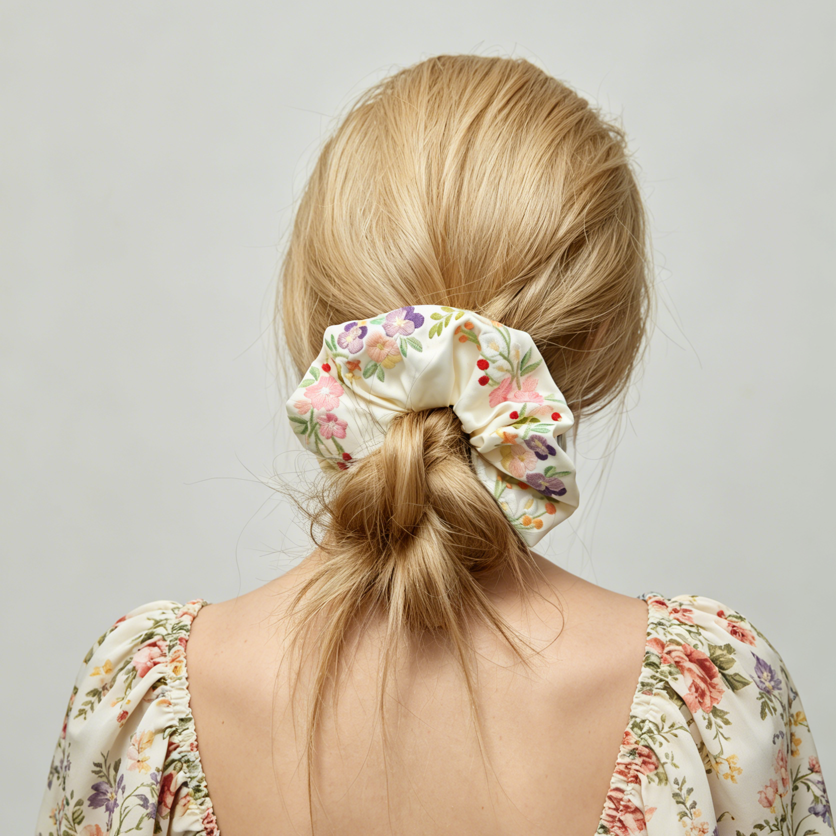 Ivory satin scrunchie with 3D floral embroidery by Tide Tie