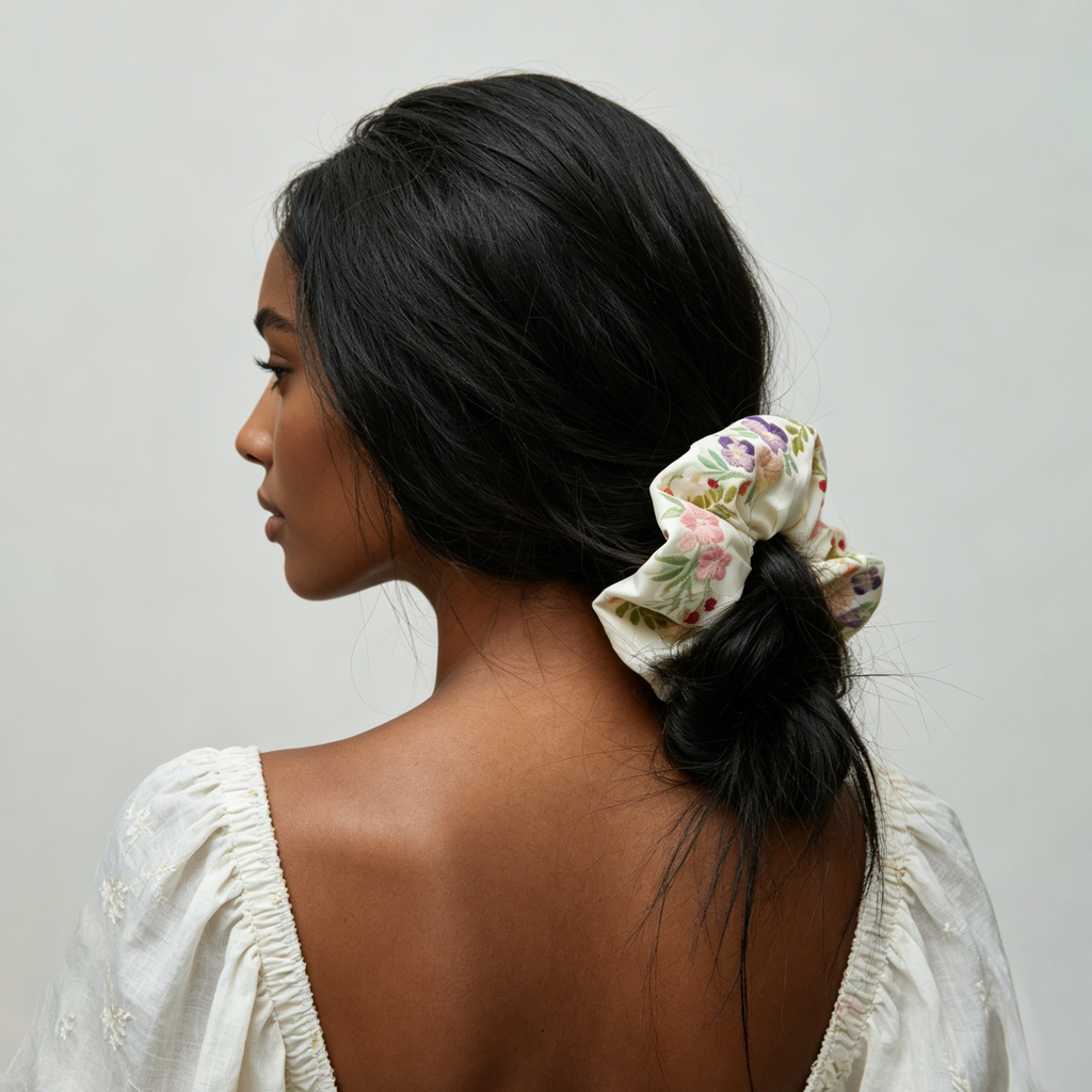Ivory satin scrunchie with 3D floral embroidery by Tide Tie