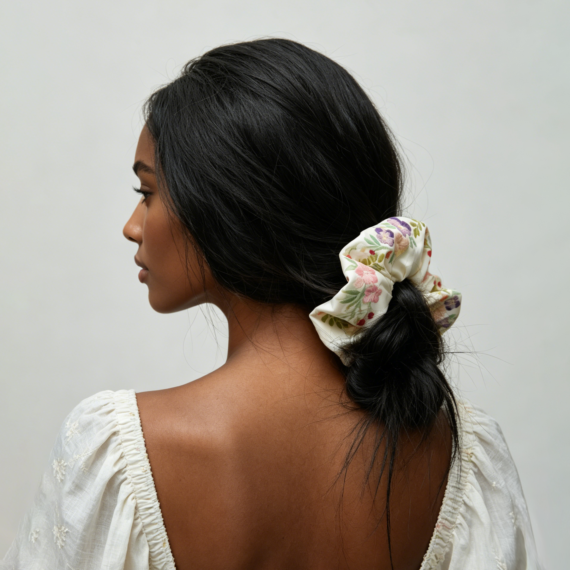 Ivory satin scrunchie with 3D floral embroidery by Tide Tie
