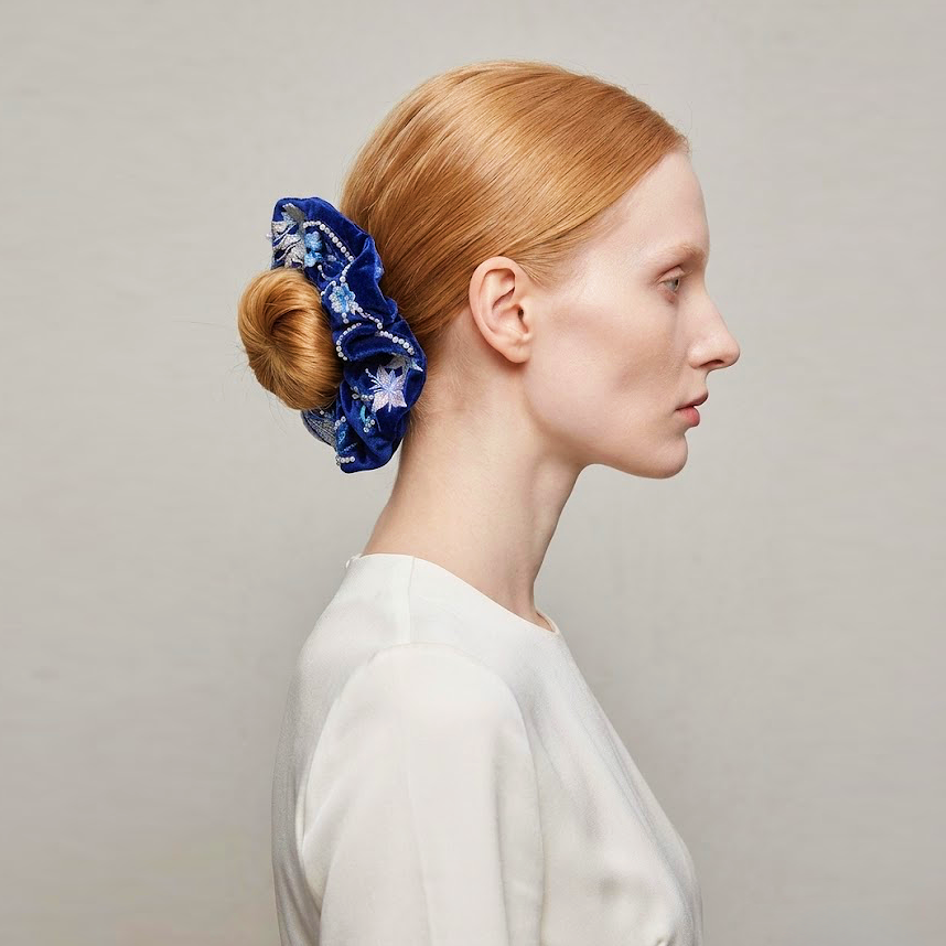 Midnight velvet scrunchie with silver marine-life embroidery by Tide Tie