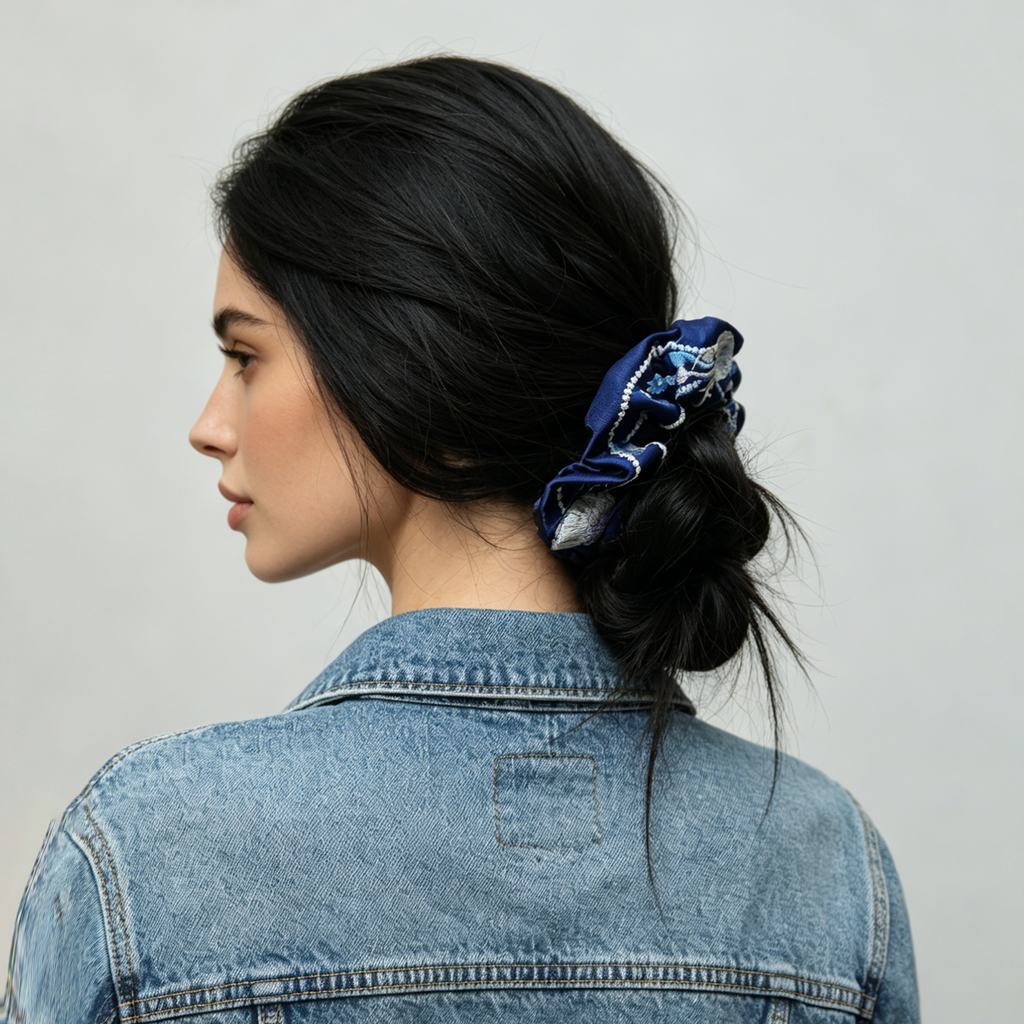 Midnight velvet scrunchie with silver marine-life embroidery by Tide Tie