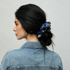 Midnight velvet scrunchie with silver marine-life embroidery by Tide Tie