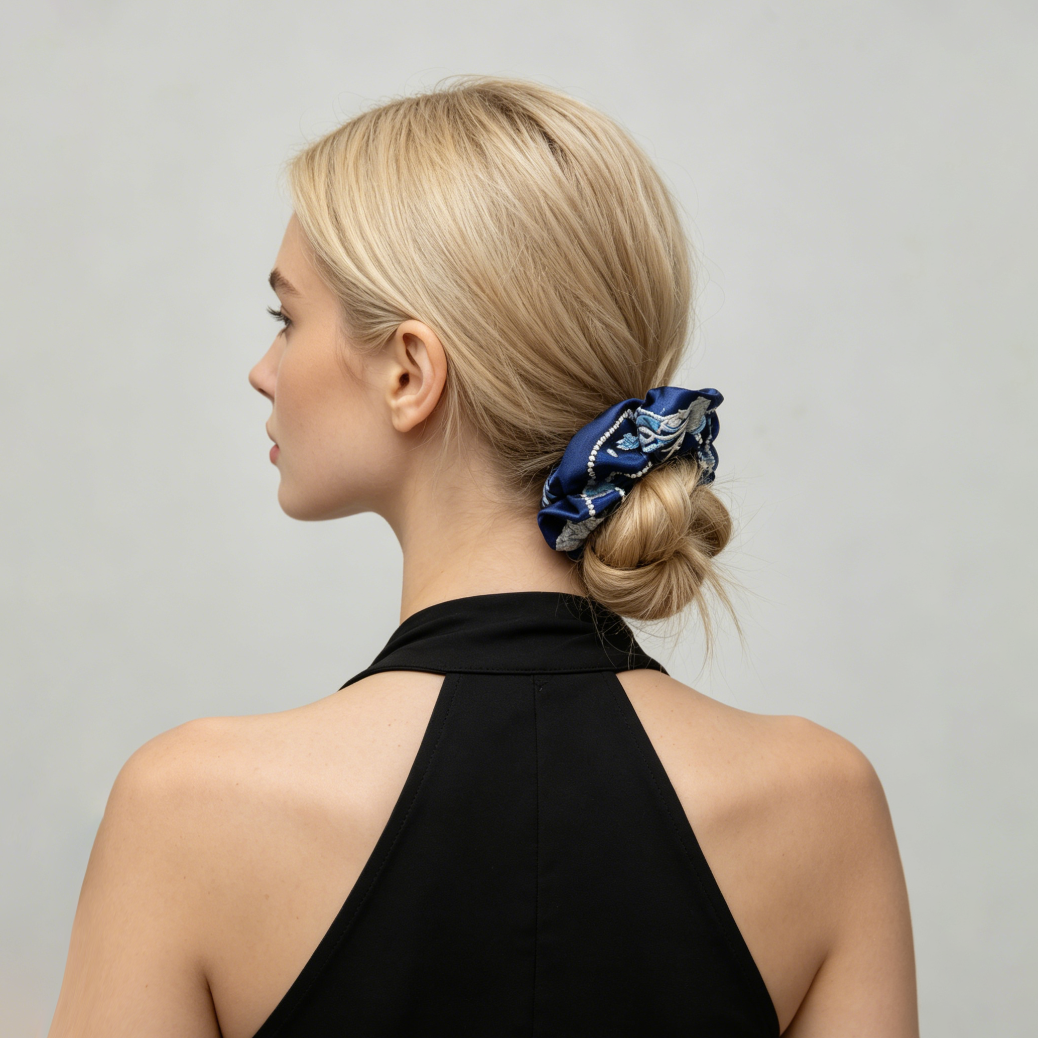 Midnight velvet scrunchie with silver marine-life embroidery by Tide Tie