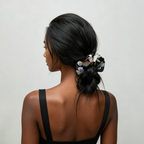 Black satin scrunchie with 3D strawberry embroidery by Tide Tie