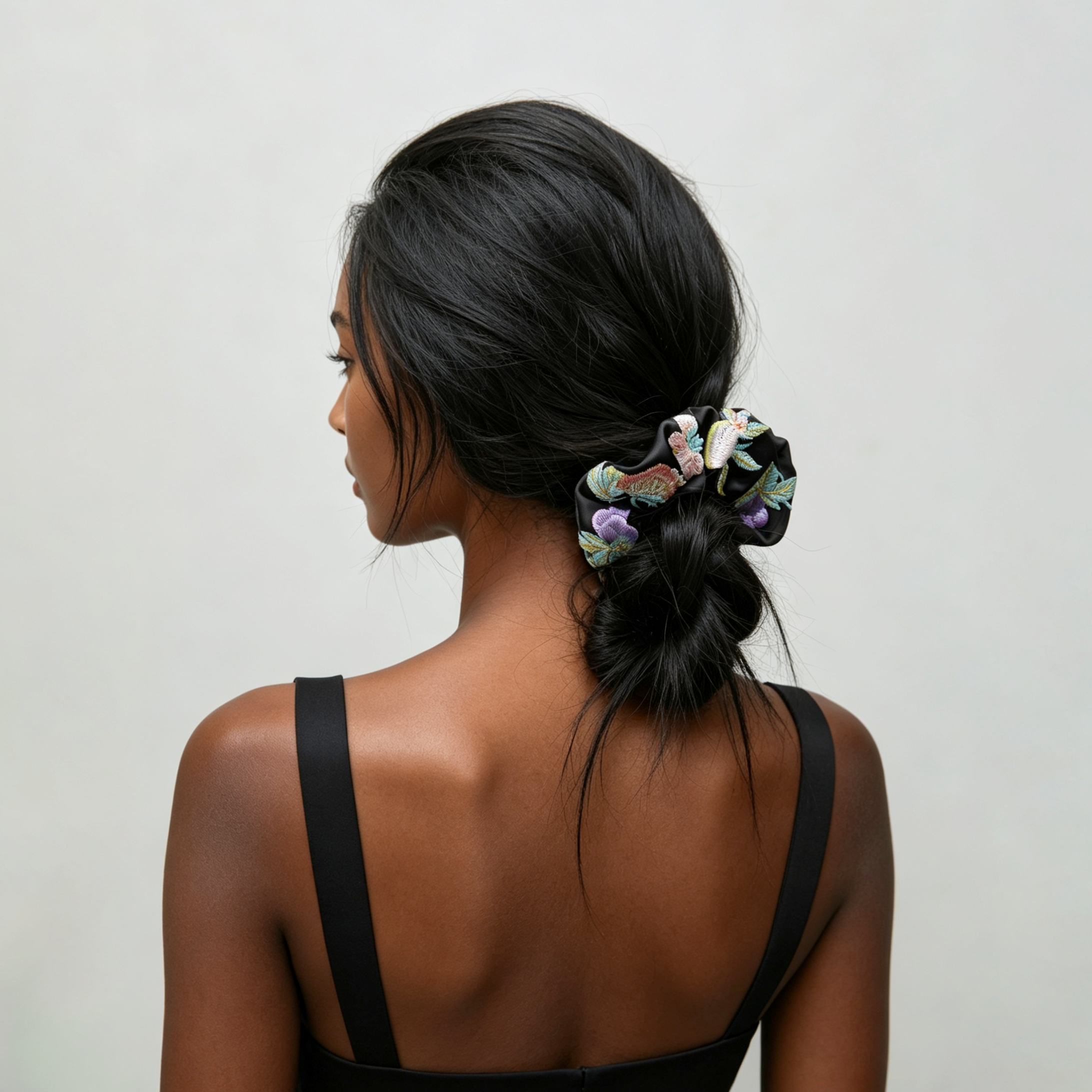 Black satin scrunchie with 3D strawberry embroidery by Tide Tie