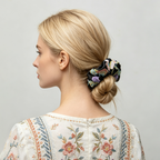 Black satin scrunchie with 3D strawberry embroidery by Tide Tie