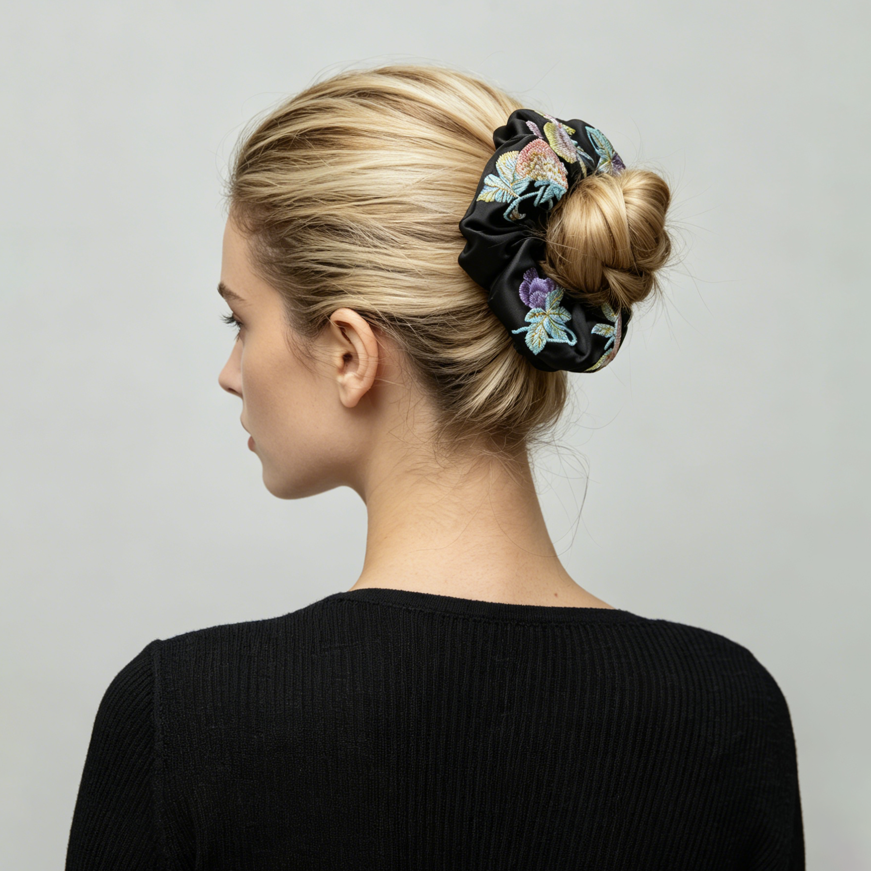 Black satin scrunchie with 3D strawberry embroidery by Tide Tie