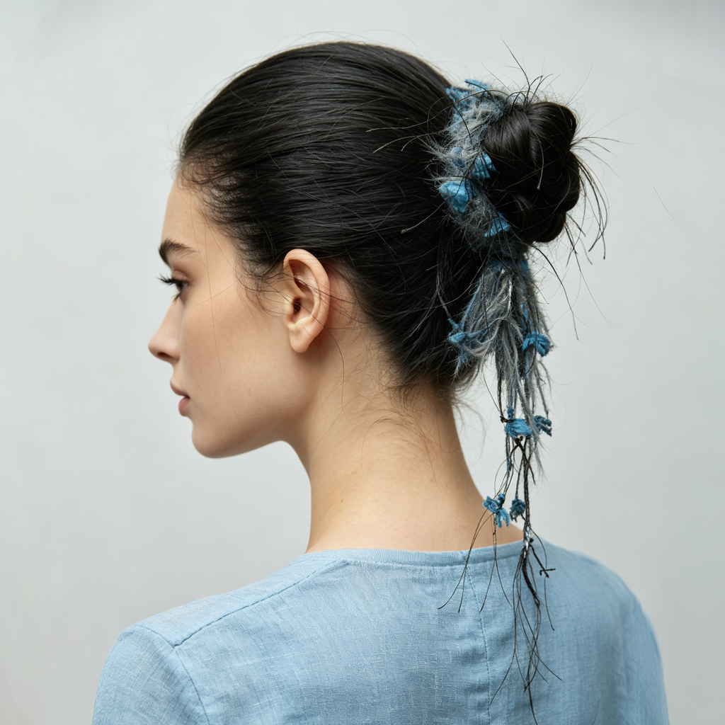 Blue-grey mohair yarn scrunchie with tassels by Tide Tie