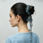 Blue-grey mohair yarn scrunchie with tassels by Tide Tie