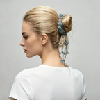 Blue-grey mohair yarn scrunchie with tassels by Tide Tie