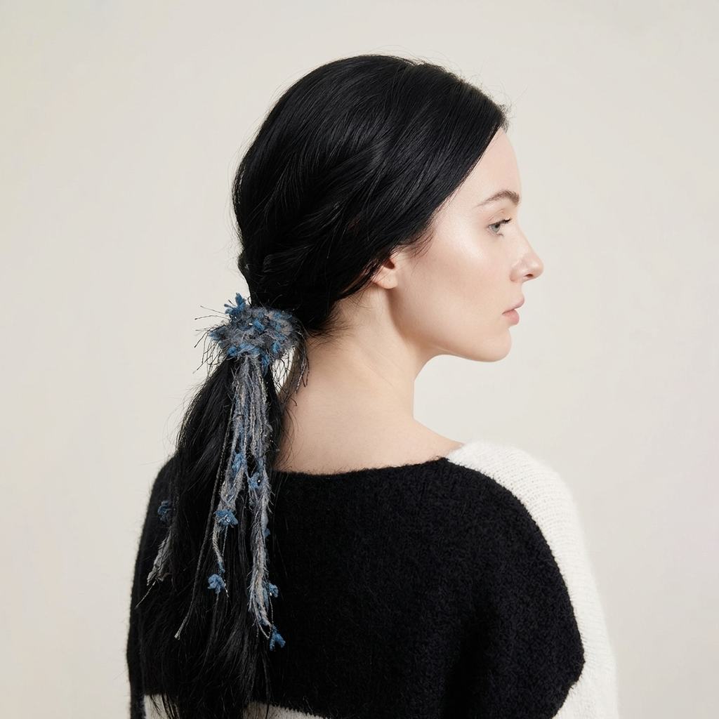 Blue-grey mohair yarn scrunchie with tassels by Tide Tie